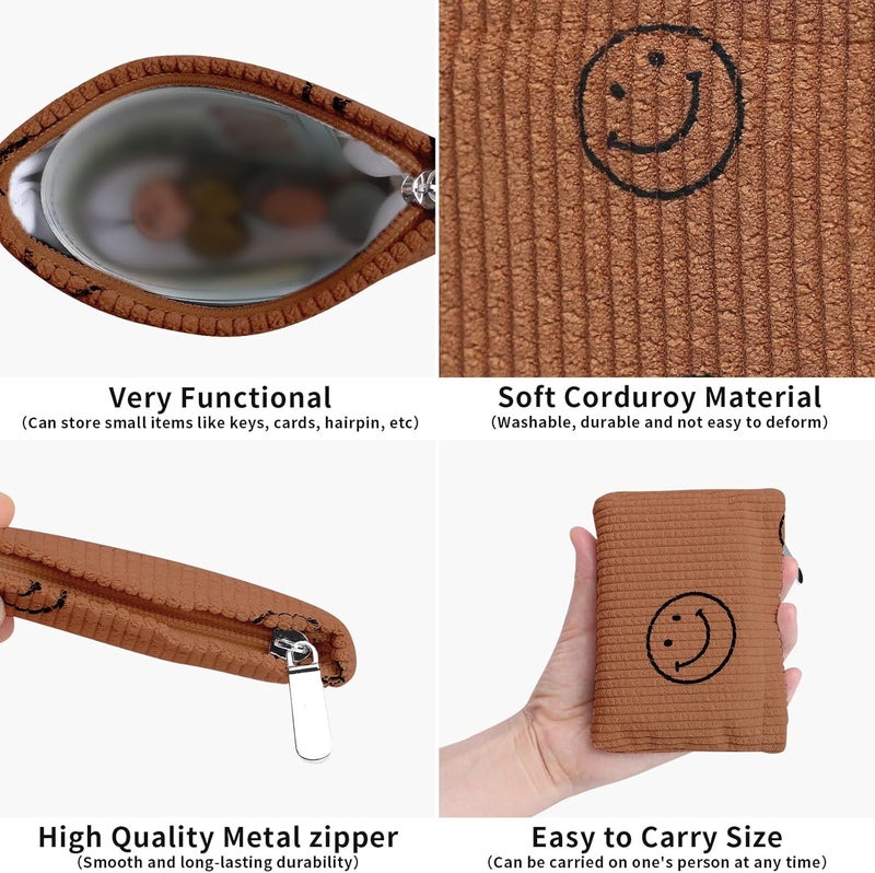 Teircno 2 Pack Coin Purse, Soft Corduroy Purse Pouch with Zipper Cute Smiley Face Coin Purse Mini Change Purse Pouch for Pocket, Small Purse for Women Credit Card Key Lipstick Holder - Image 3